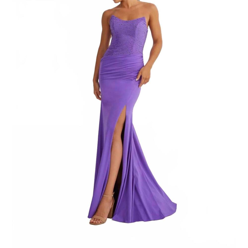 NEW HOUSE OF WU beaded spandex strapless slit gown in purple